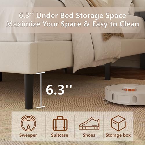 Queen Size Bed Frame with Vertical Chanel Tufted Headboard and Wingback, Upholstered Platform Bed, Strong Wooden Slats, Easy Assembly, Noise Free, No Box Spring Needed, Beige Velvet HAOARA
