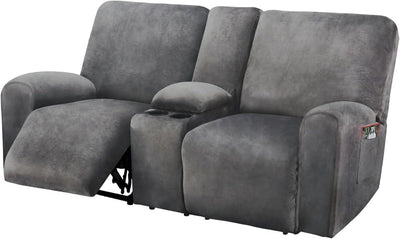ULTICOR Reclining Loveseat with Middle Console Slipcover, 8-Piece Velvet Stretch Sofa Covers, 2 seat Loveseat Recliner Cover, Thick, Soft, Washable(Dark Grey)
