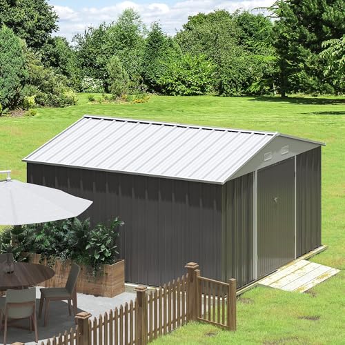 Greesum 10×10FT Outdoor Storage Shed, Metal Patio Storaged Sheds with Lockable Doors, Sheds & Outdoor Storage for Bike, Backyard, Pool and Garden, Gray Greesum