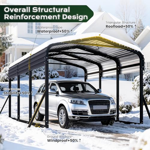 Jocoevol Heavy Duty Metal Carport Canopy, 10x15 FT Outdoor Car Port with Waterpoorf Metal Roof& Side Support Rods, Multi-Use Shelter Outdoor Garage for Car, Boats and Truck Jocoevol