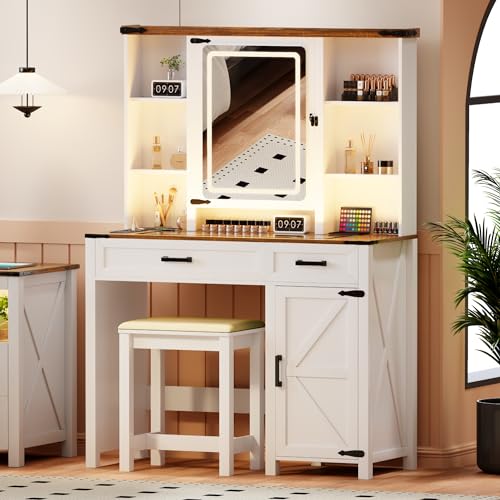 GlasFlength Farmhouse Makeup Desk with Mirror & Light 40'' Glass Tabletop Table with 2 Drawers & Hidden Jewelry Cabinet Rustic Big Vanity Charging Station Set Stool Included Bedroom, Vintage White GlasFlength
