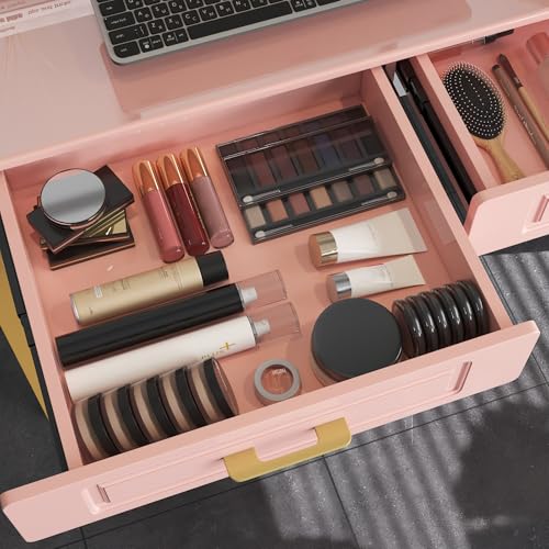 WESTREE Vanity Desk with 2 Drawers and Storage Shelf, Modern Makeup Table with Glossy Desktop, Gold Metal Frame Writing Desk for Bedroom or Home Office, No Mirror WESTREE