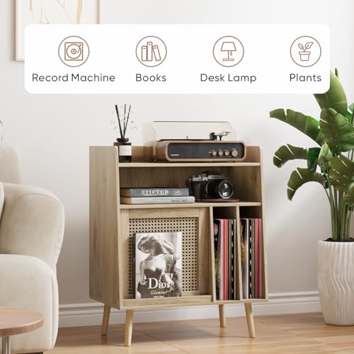 Large Record Player Stand with Open Shelf Storage Cabinet, Vinyl Record Storage Side Table with Rattan Magazine Rack, Turntable Stand Vinyl Record Holder with Solid Wood Legs for Living Room, Bedroom Mino Kesper