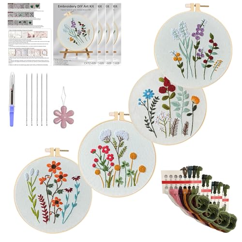 Huacan Embroidery Kits for Adults Beginner - 4 Pcs Floral Pattern Stitching Printed Bouquet DIY Sewing Kit 7.9 x 7.9 Inch (Bouquet 3)