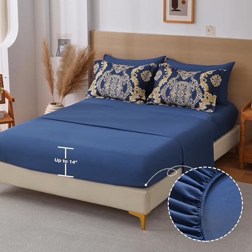 WONGS BEDDING Blue Gold Comforter Set King Size, Damask Texture 7 Pieces Bed in a Bag Microfiber Comforter Bedding Sets -1 Comforter, 1 Flat Sheet, 1 Fitted Sheet, 2 Pillow Shams, 2 Pillowcases WONGS BEDDING