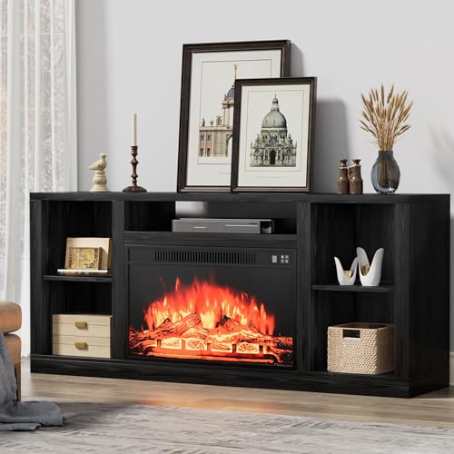 YESHOMY Electric Fireplace TV Stand for Televisions up to 65+ Inch, Media Entertainment Center Console Table with Four Open Storage Shelves & Cabinets, 58 Inch, Dark Black YESHOMY