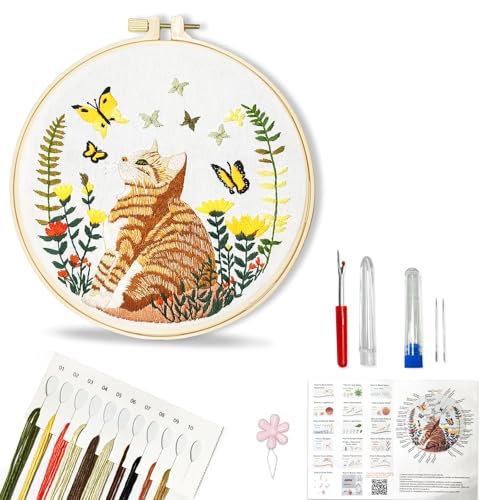 Huacan Embroidery Kit for Beginners Adults Includes Stamped Cat Pattern, Hoop, Color Threads,Tools,Easy to Follow Instruction