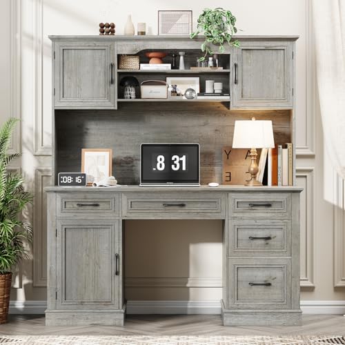 67" H Farmhouse Executive Desk with Hutch. Wood Workstation with 5 Drawers, Storage Cabinet, File Drawers and Charging Station, Ideal as Office Desks, Computer Desk for Home Office and Study.Gray Halitaa