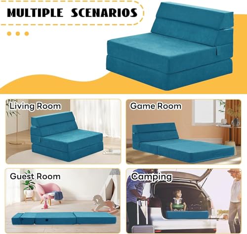 jela Foldable Sofa Bed, Convertible Sleeper Lounge Chair Floor Mattress Floor Couch with Backrest, Fold Out Futon with Washable Miss Fabric Cover for Guest Room, Living Room (83"x33",Teal) jela
