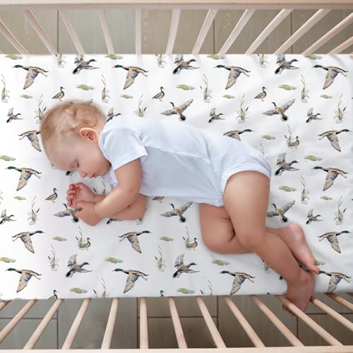 CroBlissful 3 Pieces Mallard Duck Nursery Crib Bedding Set for Girls Boys Mallard Duck Baby Standard Size Bedding Sets with Comforter Fitted Sheet Crib Skirt CroBlissful