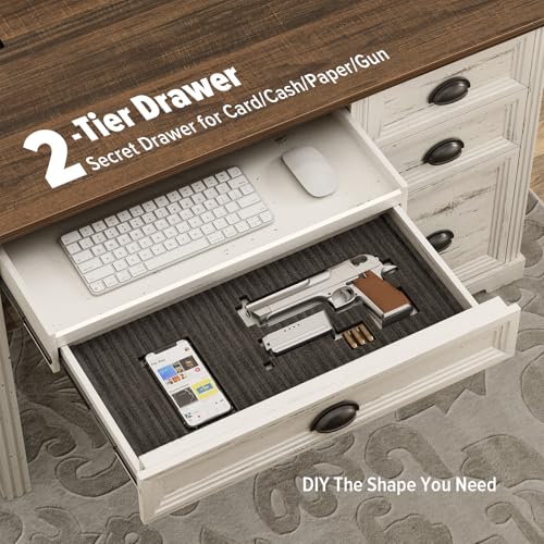 Lareth Computer Desk with Monitor Stand, 47 in Farmhouse Home Office Desk with LED Lights Power Outlets, Executive Desk with Storage for Working Gaming, Study Writing Table for Bedroom, Antique White Lareth