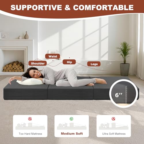 6-Inch Tri-Fold Foldable Mattress, Folding Sofa Bed with Removable Washable Cover, Portable Futon Mattress Full Size Floor Guest Mat with Non-Slip Bottom & Carry Handles for Camping (Grey, Queen) AOLVDOW