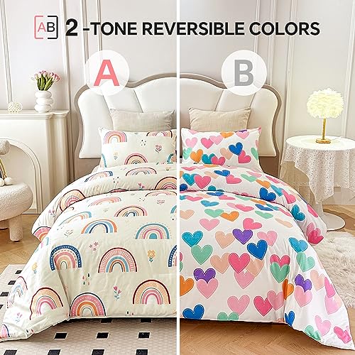 Btargot Lightweight Soft 3 Piece Rainbow Comforter Set with 2 Pillow Covers, Cartoon Love Hearts Flowers and Grass Bedding Set for Girls Boys Kids, Queen Multi-Color Btargot