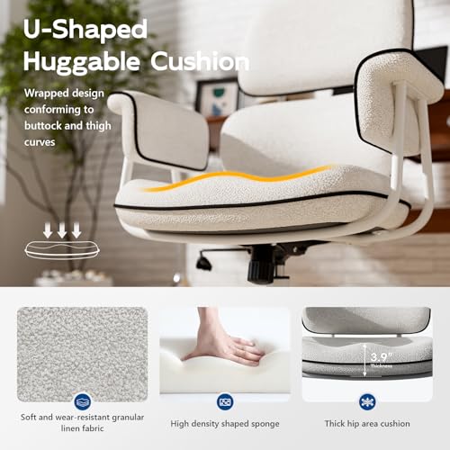 Fabric Office Chair with Granular Linen, Mid Back Vintage Desk Chair with Wheels and Wide Arms, Mid Century Modern Home Office Desk Chairs with Memory Foam Seat Cushion, Adjustable Height, White HomeZeer