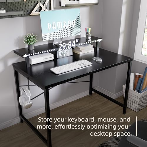Pamray 32 Inch Small Computer Desk with Monitor Stand, Simple Office Desk with Headphone Hook for Small Spaces, Kids Study Writing Table for Bedroom, Black Pamray