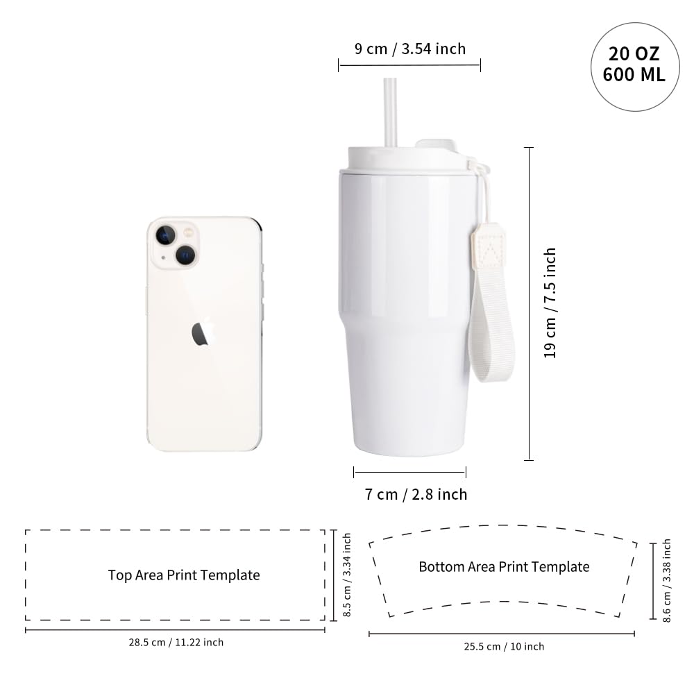 PYD Life 6 Pack Sublimation Tumblers 20 OZ White Blanks with Lid and Plastic Straw Portable String,Stainless Steel Coffee Cups for Tumbler Heat Press Sublimation Oven Printing PYD Life