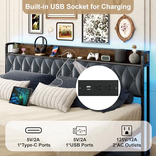 Sismplly King Size Metal Platform Bed Frame with 2 Storage Drawers & LED Light, Upholstered Headboard with Charging Station, No Box Spring Needed, Brown Wood Panel Sismplly