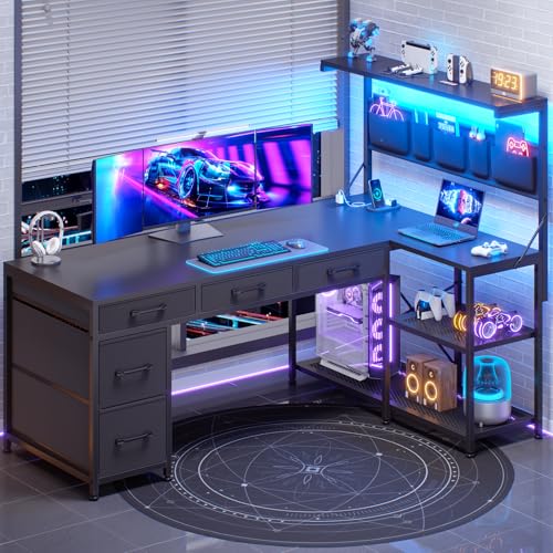 SEDETA L Shaped Gaming Desk, 47.2" Reversible Small Computer Desk with 5 Drawers and Storage Shelves, Corner Gaming Desk with LED Lights and Power Outlet, Black SEDETA