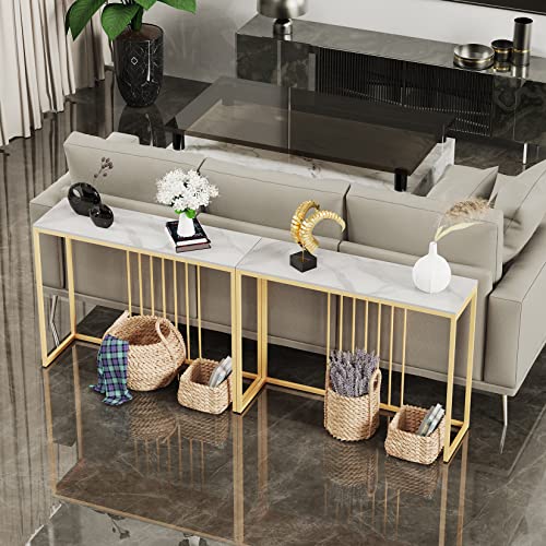 Wisfor Sintered Stone Console Table: White Entryway Table with Golden Frame - Modern Narrow Table Behind Sofa - Long Table for Hallway Foyer, 39.4x11.8x30.9 inch Wisfor