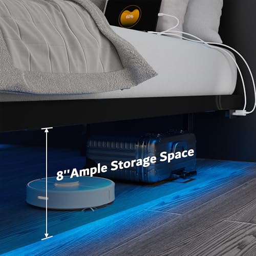 iPormis Full Size Floating Bed Frame with Charging Station and Led Light, Platform Metal Bed Frame with Heavy Duty Steel Slats Support, No Box Spring Needed, Noise-Free, Easy Assembly, Black iPormis