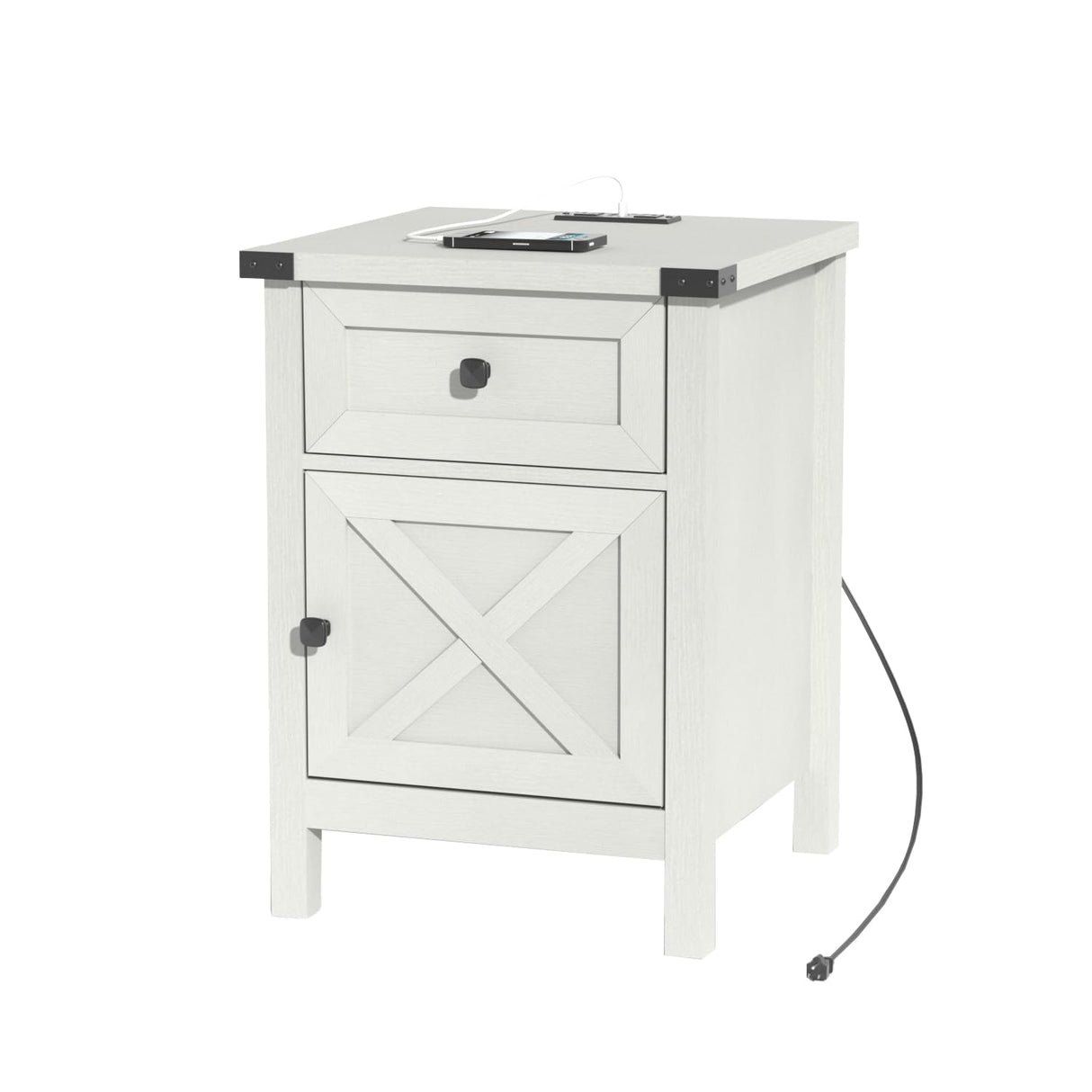 Farmhouse Nightstand with Charging Station, White Side Table, Rustic End Table with Barn Door and Drawer, Rustic Floating Nightstands Modern Bed Side Table Night Stand for Bedroom and Living Room HOSEOKA