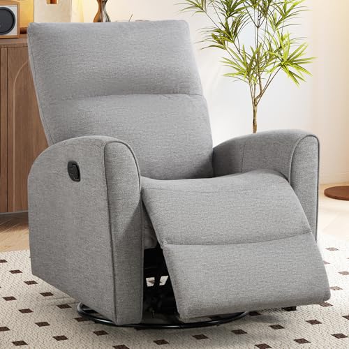CANMOV Recliner Rocker Swivel Chair, Manual Chenille Glider Rocking Chair, Swivel Glider Recliners with Soft Backrest, 360° Swivel Nursery Reclining Sofa for Living Room Bedroom, Light Grey