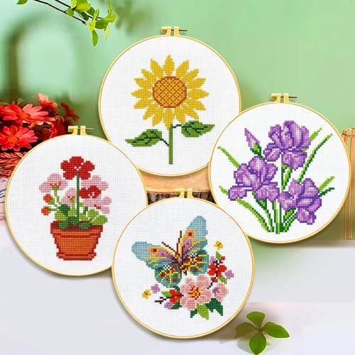 Zhenqing 4-Pack Floral Cross Stitch Kits – 11CT 20x20cm Aida Cloth with Iris, Sunflower & Butterfly Designs – Vibrant Home Decor Embroidery Set(68157)