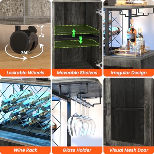 Girapow Small Bar Cart with Wheels, Liquor Cabinet with LED Light, Wine Bar Cabinet with Power Outlets, Home Mini Bar with Wine Rack, Glasses Storage for Kitchen, Dining Room, Living Room, Grey Girapow