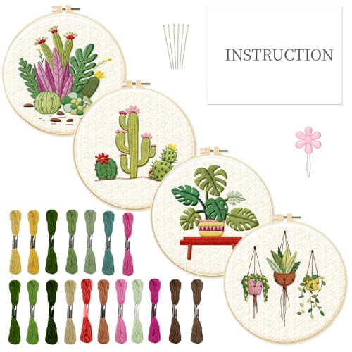 INFUNLY 4 Pack Tropical Plants Embroidery Kit for Beginners Adults Cactus Embroidery Starter Kit Punch Needle Embroidery Kits Palm Leaf Cross Stitch Kits with Patterns Instructions for DIY