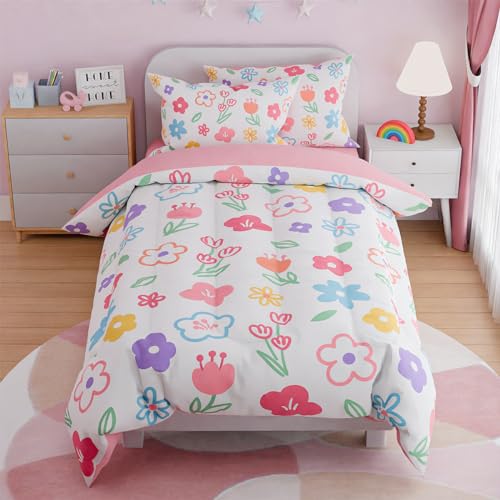 SANDJEST Floral Full Bedding Sets for Girl, Ultra Soft Microfiber Comforter Bed Set with 4-Pieces, Flower Comforters Sets for Kids Children Girl Teen Tween Bedroom Decor SANDJEST