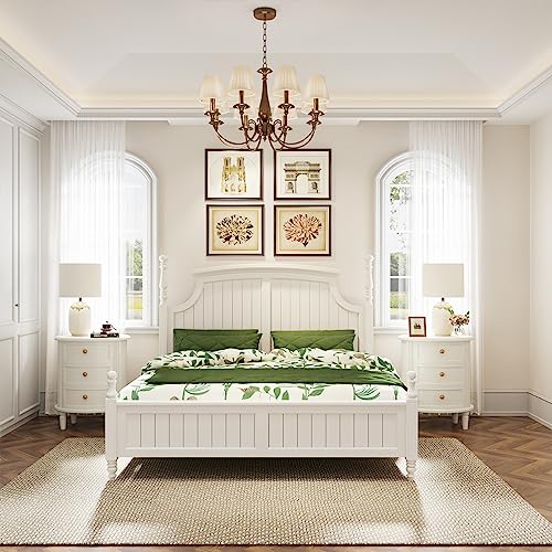 LITTLE TREE No Assembly Nightstand with 3 Drawers, Farmhouse Off-White Bedside Table for Bedroom, All Wooden Oval Nightstand with Storage LITTLE TREE