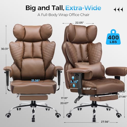GTRACING Big and Tall Gaming Chair 400lbs Heavy Duty Office Chair with Foot Rest & Ergonomic Pocket Spring Lumbar Support, High Back 3D Saddle Shaped Cushion for Back Pain Relief, Brown GTRACING