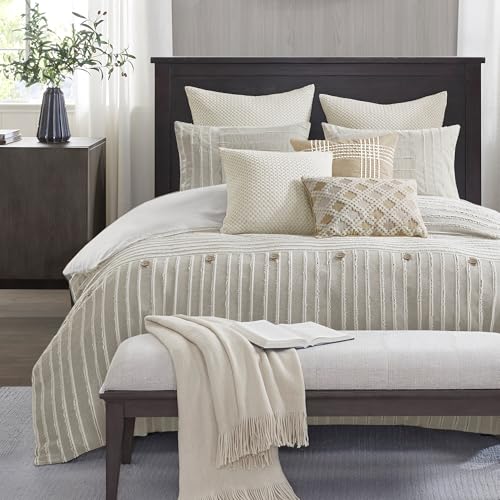 Madison Park Queen Comforter Set Clipped Jacquard Stripes with Buttons Boho Comforter for a Queen-Size Bed, Cotton Oversized Comforters with Removable Cover Boho Bedding, Queen Ivory 8 Piece Madison Park