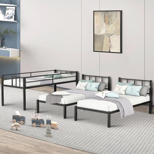 Zevemomo Twin Over Twin & Twin XL Bunk Bed, Metal Triple Bed with Safety Protect and Ladder, Convertible 3 Beds, No Boxing Spring Needed, Black Zevemomo