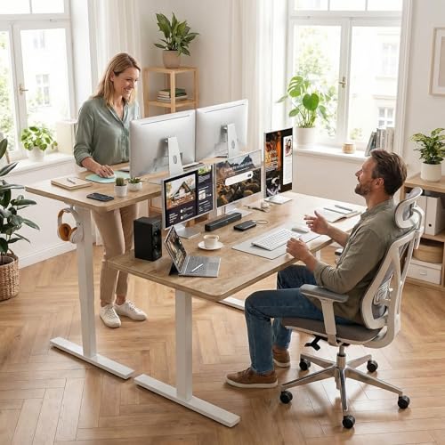 Grandder 55x32 Large Electric Standing Desk, Height Adjustable Computer Desk with 2 Memory Presets, 31.5" Deep Desktop Sit Stand Desk Home Office Desk Workstation Table with Hooks, Oak Grandder