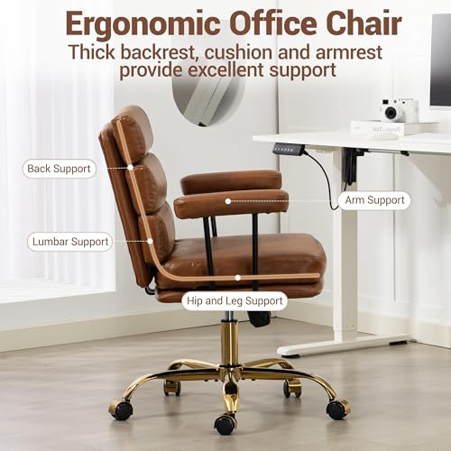 WiNVO Faux Leather Home Office Desk Chair, Gold Base Makeup Vanity Chair with Wheels, Padded Seat and Armrests, Adjustable Height Swivel Executive Computer Chair, Brown WiNVO