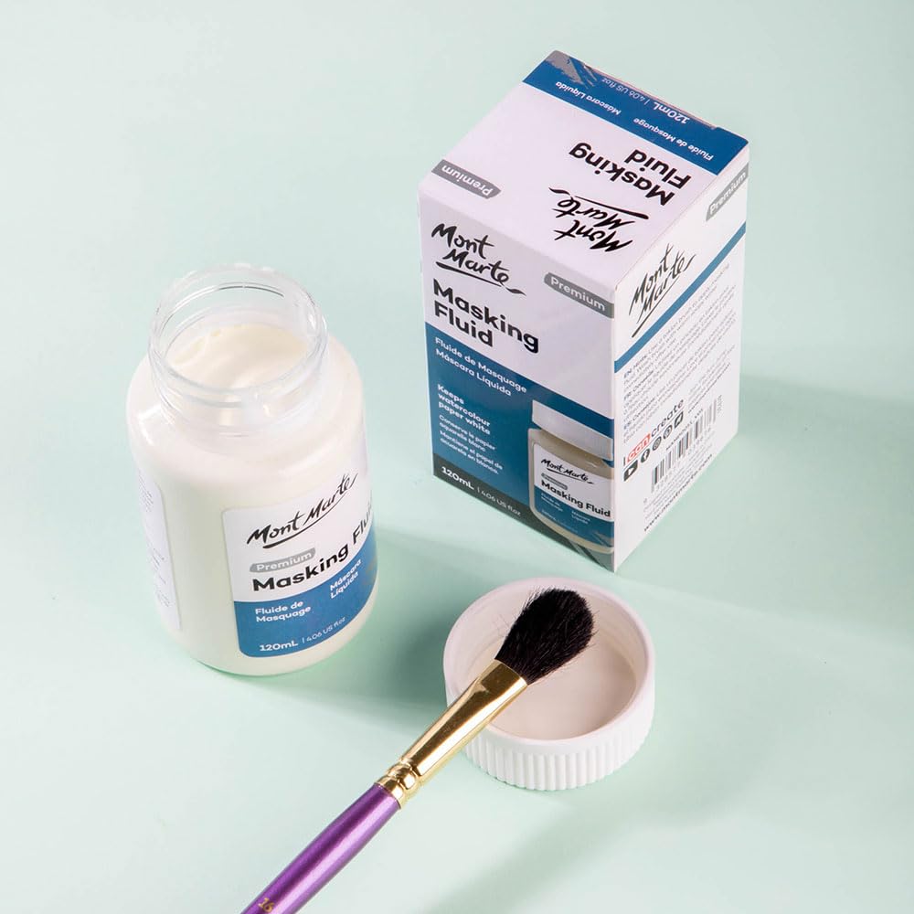 Mont Marte Masking Fluid Premium 120ml (4.06 US fl.oz), Masking Fluid for Watercolor Painting, Keeps Areas Free of Color And Edges Crisp, Resists Watercolor, Ink and Pouring Paint Mont Marte