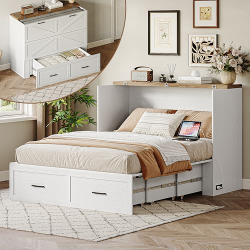 CHUWELL Full Size Murphy Bed with Charging Station & Drawer, Farmhouse Full Size Mobile Cabinet Bed Frame, Murphy Chest Bed Cabinet for Bedroom, Guest Room