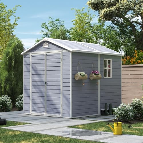 Aoxun 8x6FT Resin Outdoor Storage Shed with Floor, Plastic Garden Shed with Lockable Door and Window, Tools House to Store Patio Furniture, Bike Accessories, Garbage Can and Lawn Mower - Grey Aoxun