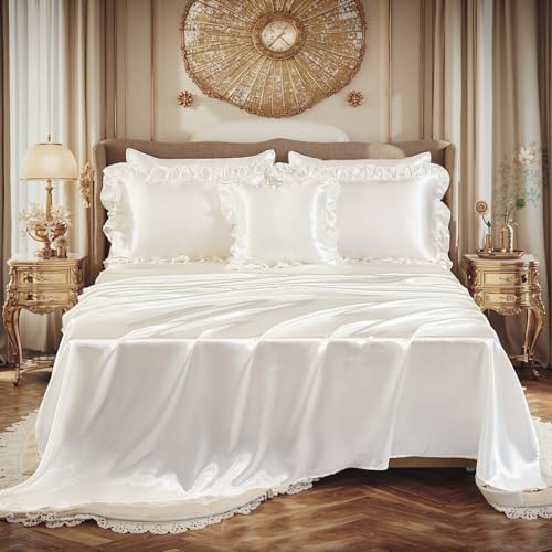 Silk Like Satin Comforter Set with Sheet Set Queen 8 Pcs White Satin Bedding Set Silky Ruffle Pattern Home Deocr Luxury Hotel Silky Bed in a Bag with 1 Cushion Cover Bedding_Dreamer