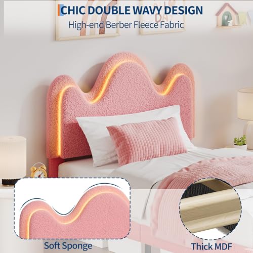IDEALHOUSE Twin Bed Frame with LED Headboard and Under-Bed Drawer, Metal Upholstered Platform Bed with LED Light for Kids, Girls, Lamb Fleece Fabric, Wooden Slats Support, No Box Spring Needed, Pink IDEALHOUSE