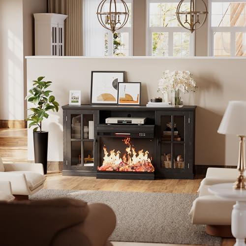 Flamaker Fireplace TV Stand for TVs up to 65'', 3-Sided Glass Media Entertainment Center Console with Storage, Adjustable Flame LED Color for Living Room (Black) Flamaker