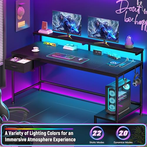 DurayLoly 47.2" Gaming Desk with Power Outlet and LED Lights,Computer Desk with Adjustable Monitor Stand and Drawer,Office Desk with CPU Stand for Home Work,Study and Gaming, Small Spaces,Black DurayLoly