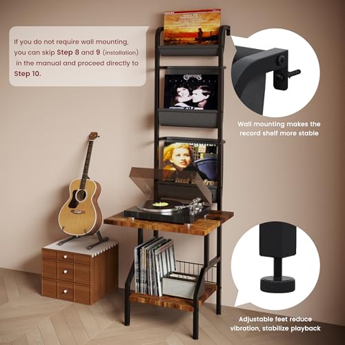 Lutown-Teen Record Player Stand with Vinyl Storage, Record Player Table Holds up to 200 Albums, 5-Tier Turntable Stand for Living Room, Rustic Brown Lutown-Teen