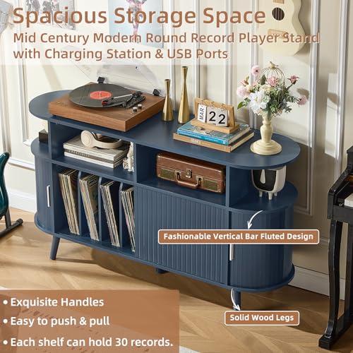 LELELINKY Large Round Record Player Stand with Charging Station & Fluted Panel, Blue Mid Century Modern Turntable Cabinet with Vinyl Storage, Arched Wood Record Player Table for Living Room LELELINKY