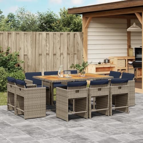 vidaXL Patio Dining Set with Cushions - 11 Piece Poly Rattan Outdoor Garden Furniture in Gray with Acacia Wood Tabletop and Navy Blue Cushions - Foldable Chairs for Compact Storage vidaXL