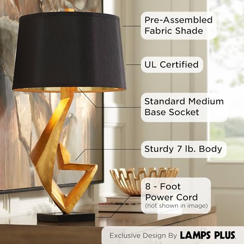 Possini Euro Design Zeus Mid Century Modern Glam Luxury Table Lamp 28.5" Tall Sculptural Gold Leaf Metal Black Fabric Tapered Drum Shade Decor for Living Room Bedroom House Bedside Nightstand Home Possini Euro Design