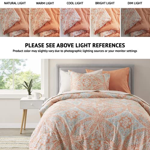 Comfort Spaces Bed in A Bag - Trendy Casual Design Cozy Comforter with Complete Sheet Set with Side Pocket, All Season Cover, Matching Shams, Twin XL(66 in x 90 in), Gloria, Damask Coral 6 Piece Comfort Spaces