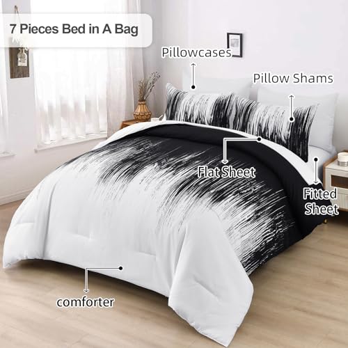 Dinjoy Ombre Black Comforter Set King Size Gradient Black White Boho Bedding Set for Teen Men Women 7 Pieces Bed in A Bag Bohemian Bed Set with Comforter, Sheets, Pillowcases & Shams Dinjoy