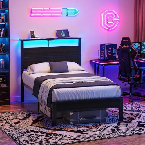 Kbun Twin Bed Frame with LED Lights & USB Charging Station, Black Metal Platform Bed with Storage Headboard, Under-Bed Space, Noise-Free & Sturdy, No Box Spring Needed, Easy Assembly Kbun